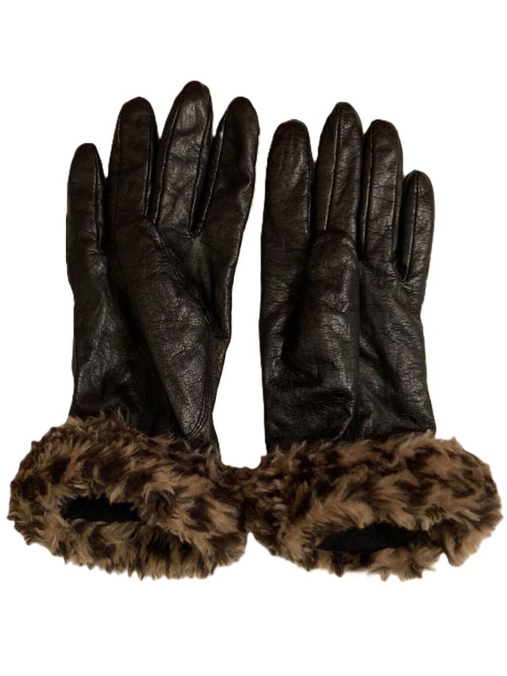 Women's Black Genuine Leather Faux Leopard Fur Cuffs Gloves Size Large